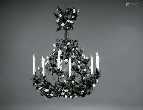 French Tôle Peinte and Porcelain-Mounted Twelve-Light Chandelier , fluted standard, electrified,