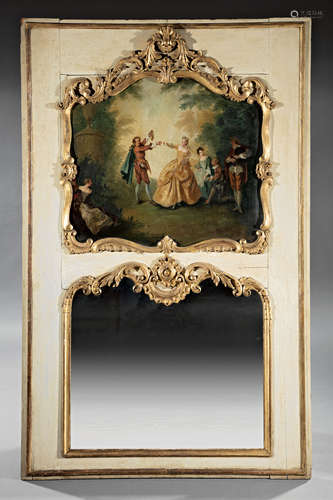 Louis XV Creme Peinte Trumeau Mirror , 18th c. and later, paneled back with gilt embellished shell