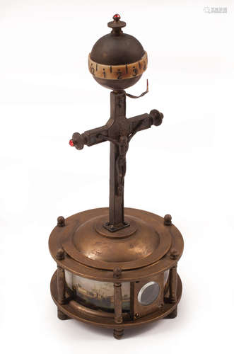 Continental Turning Ball Shelf Clock , 20th c., dial sphere, crucifix standard, base with continuous