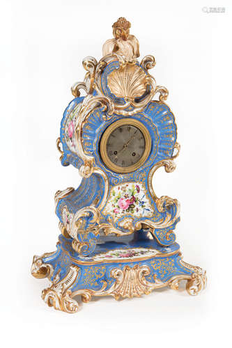 Paris Gilt and Polychrome Porcelain Mantel Clock , 19th c., silk-thread movement, marked 