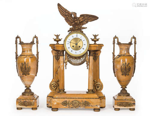 Empire-Style Bronze-Mounted Sienna Marble Three-Piece Clock Garniture , c. 1900, spreadwing eagle