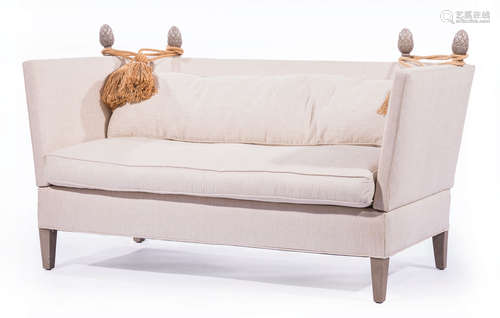 Contemporary Knole Drop Arm Sofa , 20th c., drop sides, pineapple finials, tasseled cords, h. 30 1/2