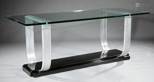 Art Moderne Chrome and Glass Console Table , 20th c., glass top on burnished yoke supports connected