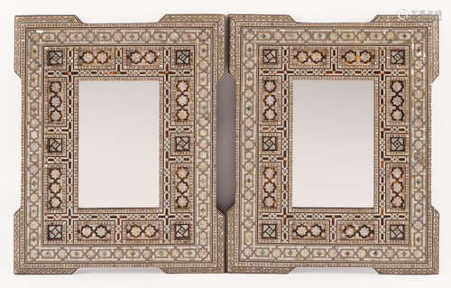 Pair of Moorish Bone and Mother-of-Pearl Inlaid Mirrors , bracketed corners, inset decoration , h.