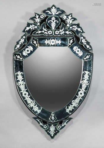 Venetian Etched Glass Mirror , foliate motif crest, cartouche form mirror plate, foliate pendant, h.