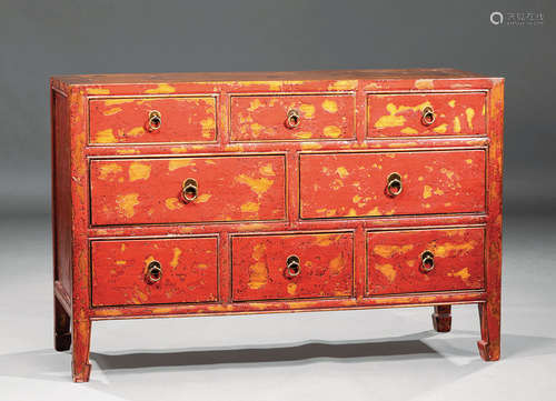 Chinese Red Lacquer Chest of Drawers , 20th c., h. 32 in., w. 48 in., d. 18 in. Provenance: