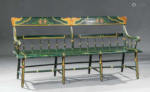 Antique American Painted Windsor Bench , shaped crest rail, spindled back, scrolled arms, ring-