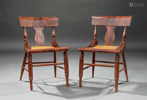 Pair of American Classical Faux Bois Side Chairs , early 19th c., scrolled crest rail, vasiform