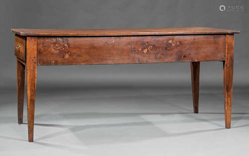 French Provincial Carved Walnut Table , 19th c., two drawers, tapered legs , h. 31 1/2 in., w. 68