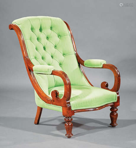 American Late Classical Mahogany Library Chair , mid-19th c., scroll-back crest rail, heavily