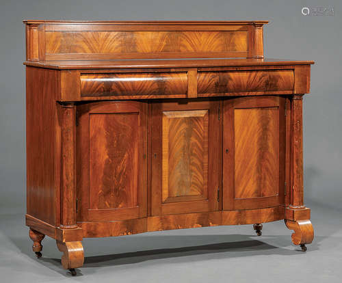 American Late Classical Mahogany Sideboard , c. 1840, paneled backsplash, bolection molded frieze