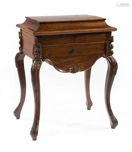 American Rococo Carved Rosewood Work Table , mid-19th c., New York, cove-molded lift-top with