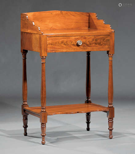 American Federal Mahogany Washstand , early 19th c., shaped gallery, frieze drawer, turned supports,