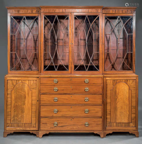 George III-Style Inlaid Mahogany Breakfront Secretary-Bookcase , stepped cornice, glazed doors,