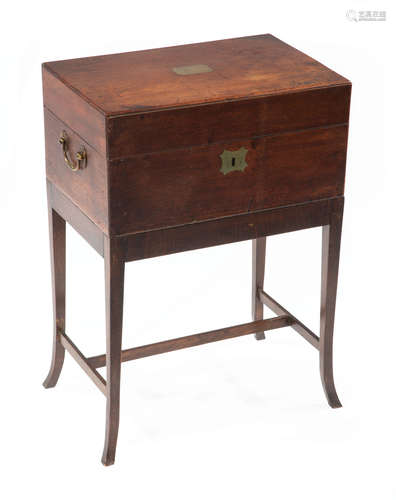 Antique English Mahogany Chest on Stand , early 19th c., hinged top with brass plaque, brass