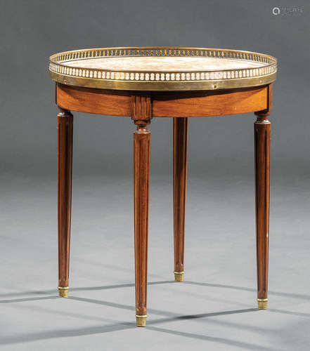 Antique Louis XVI-Style Mahogany Bouillotte Table , late 19th c., brass gallery, variegated marble