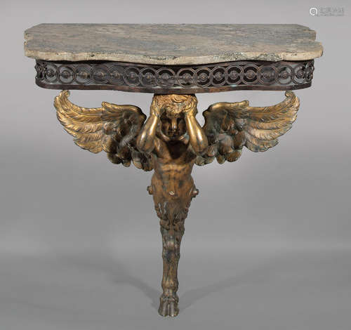 Antique Continental Bronze Console , serpentine marble top, winged putto standard, hoof feet, h.