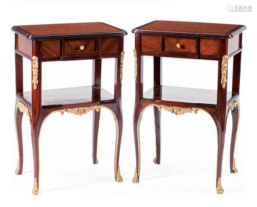 Pair of Louis XV-Style Bronze-Mounted and Inlaid Mahogany Side Tables , molded top, frieze drawer,