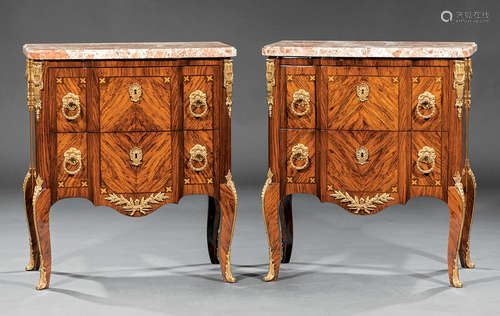 Pair of Louis XV-Style Bronze-Mounted and Inlaid Rosewood Blockfront Commodes , shaped rouge