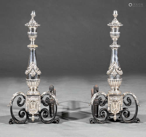 Pair of Neoclassical-Style Wrought Iron and Argente Andirons , h. 25 1/2 in