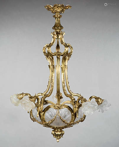 Art Deco Bronze and Glass Five-Light Chandelier , early 20thc., scrolled supports, shell-form