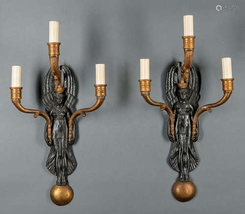 Pair of Empire-Style Gilt and Patinated Bronze Three-Light Sconces , electrified, h. 18 in., w. 9