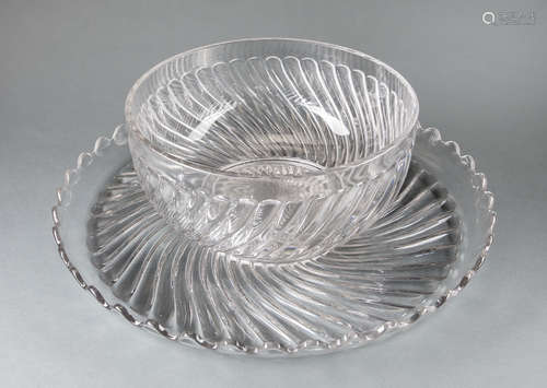 Antique Baccarat Swirl Motif Molded Crystal Punch Bowl and Undertray , early 20th c., marked, h. 5