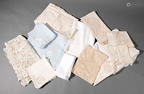 Group of Antique and Vintage Table Linens , incl. antique ecru lace runner, 99 in. x 20 in.; pale