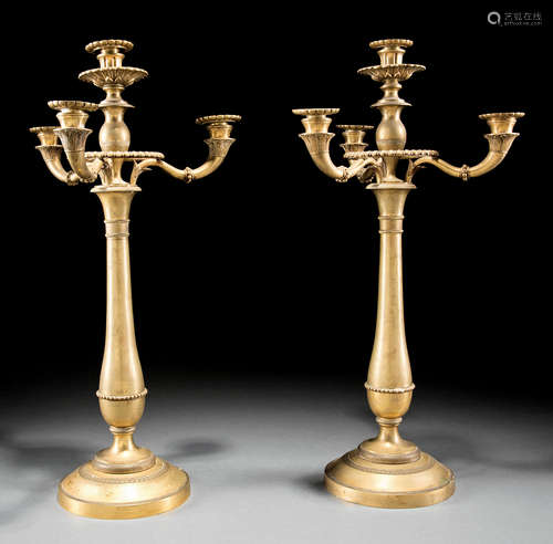 Pair of Antique Swedish Neoclassical Bronze Four-Light Candelabra , h. 25 in., dia. 12 1/2 in .