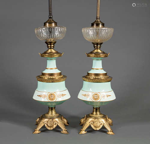 Pair of Napoleon III Bronze-Mounted Porcelain Lamps , in the Renaissance taste, cut glass font, base