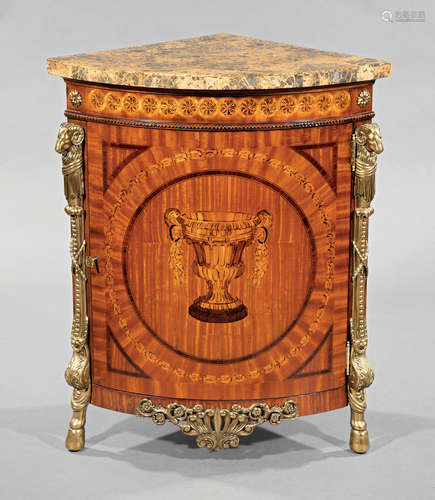 Louis XVI-Style Brass-Mounted Marquetry Encoignure , sienna marble top, ram's head mounted stiles,