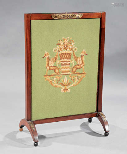 Empire Bronze-Mounted Walnut Firescreen , early 19th c., rectangular frame, later needlepoint with