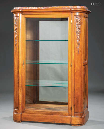 Belle Epoque Carved Walnut Vitrine , c. 1900, marble top, floral-carved stiles, beveled glass