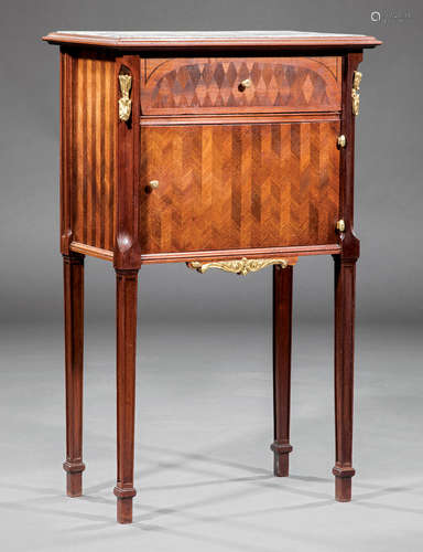 French Bronze-Mounted Mahogany and Parquetry Commode , probably early 20th c., dished inset grey