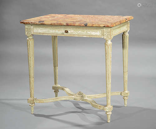 Louis XVI-Style Carved and Painted Side Table , 20th c., variegated marble top, beaded frieze