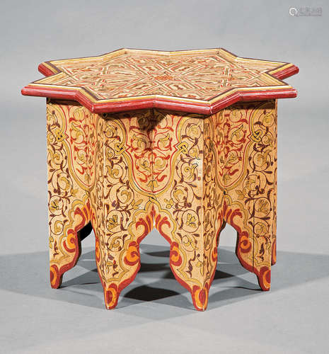 Moorish-Style Painted and Parcel Gilt Tabouret , starburst top with carved geometric patterns,