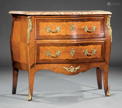 Louis XV-Style Bronze-Mounted Kingwood Commode , serpentine Breche d'Alep marble top, conforming