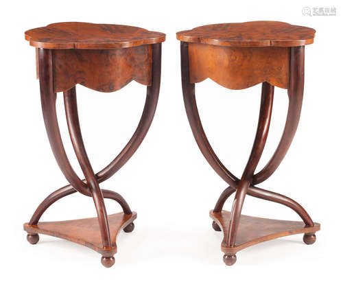 Pair of Biedermeier-Style Burlwood Side Tables , scalloped top and apron, frieze drawer, entwined