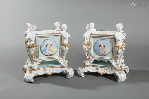 Pair of Continental Polychrome and Gilt Porcelain Jardinieres , 20th c., spurious Sevres marks,