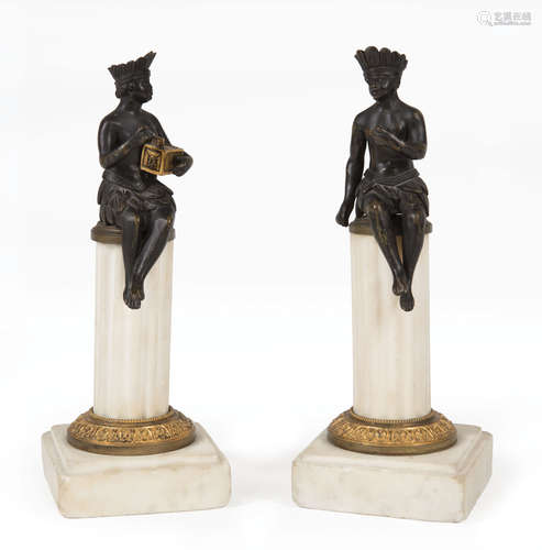 Pair of Continental Patinated Bronze Allegorical Figures of America , male and female figures, on