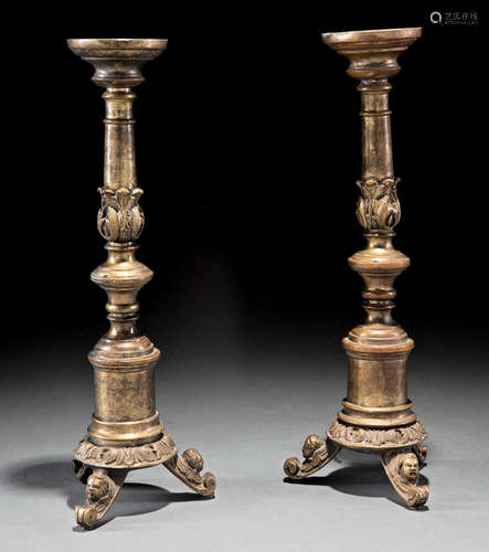 Pair of French Bronze Candlesticks , 18th c., acanthus and turned standards, scroll feet embellished