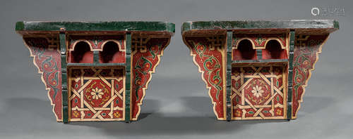 Pair of Moorish-Style Painted Brackets , red ground, h. 13 in., w. 20 1/4 in., d. 6 1/2 in