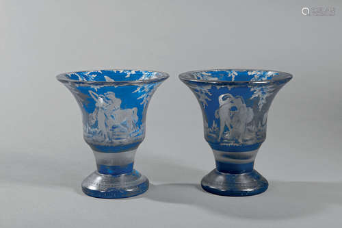 Pair of Italian Painted Blue Glass Vases , 19th c., reserve-decorated with dancing nudes and