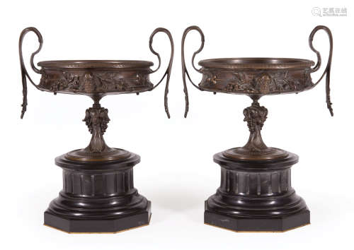 Pair of Empire-Style Bronze and Marble Tazzas , 19th c., marked 