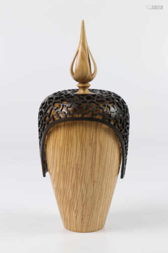 Margaret Garrard (UK) ash lidded form with pierced shroud 24x10cm. Signed