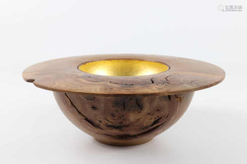 Mark Hancock (UK) burr elm bowl with gilded interior 10x26cm. Signed