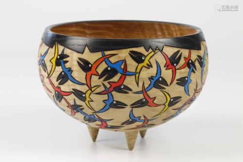 Mike and Laura Hosaluk (Candada) rippled ash decorated bowl 10x14cm. Signed