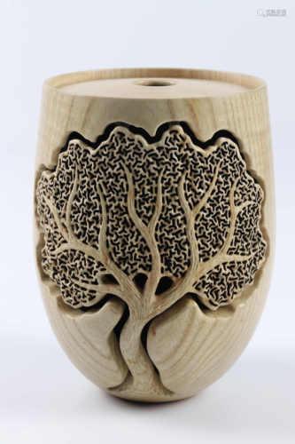 Richard Kennedy (UK) carved and pierced rippled ash hollow form 14x11cm. Signed