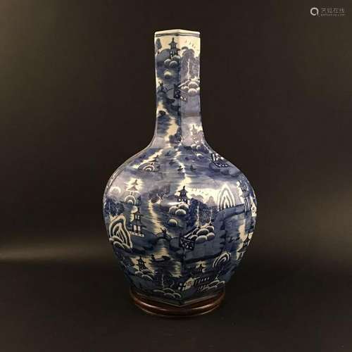 Chinese Blue-White 'Landscape' Hexagon Porcelain Vase