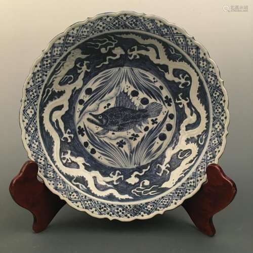 Chinese Blue-White 'Fish & Dragon' Dish